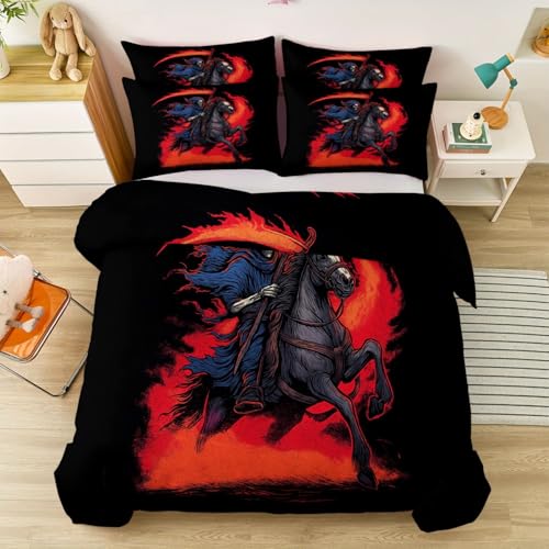 Funda Nórdica de Halloween 200 x 200 cm - Fantasía Oscura Misterio Parca Juego de Funda Nórdica de Fácil Cuidado 3 Piezas, Negro Suave Microfibra para Niños Niñas Adolescente