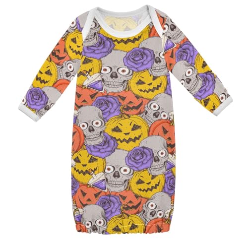 WIFIU Halloween Theme Baby Girls Boys Sleeper Gown Cotton Nightgown Long Sleeve, Pumpkin Sugar Skull Baby Nightdress Sleeping Clothes for Newborn 0-3 Months Multicolor