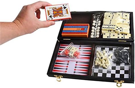 4E's Novelty Travel Games, Six in One Game Set, Comes in an Adorable Sleek attaché case, The Best Six Travel Games, Includes, Backgammon, Cards, Checkers, Chees, Dominoes, Cribbage