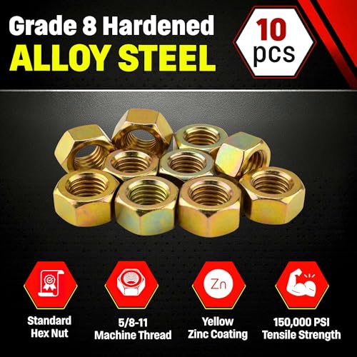 Image of Chenango Supply 5 /8-11 Grade 8 Hex Nuts, Alloy Steel Heavy Duty Nuts | 150,000 PSI Proof Load, Yellow Zinc Chromate Finish, USS Coarse Thread Industrial Fasteners, 10 Pieces (5 /8-11 HxNut G8)