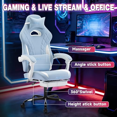 Image of Gaming Chair with Footrest and Massage Lumbar Support, Ergonomic Computer Gamer Chair, Office Video Game Chairs (Cyan White)