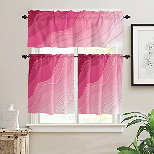 Valentines 3 Piece Kitchen Curtains Set Rosy Pink Ombre Geometric Window Treatment Tiers Abstract Ocean Rod Pocket Valance Sets For Kitchen Small Windows Bedroom 54 In X 36 In #TOP1