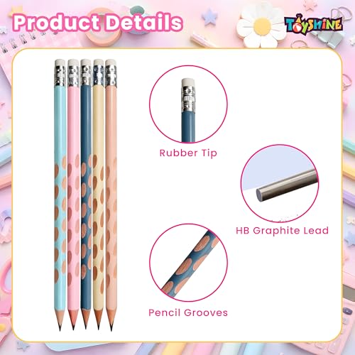 Image of Toyshine HB Pencil Set with Erasers on Top | Pack of 10 Round Hole Groove Grip Pencils with Sharpene & Pencil Cap | Comfortable Writing School Stationery for Kids & Students - B