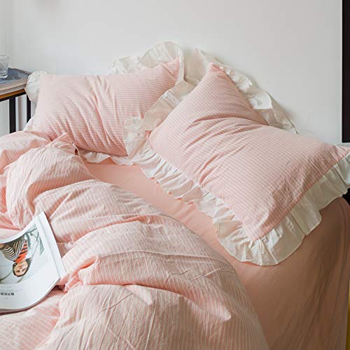 Susybao Pink Ruffled Duvet Cover King 100% Washed Cotton Striped Cute Duvet Cover Set 3 Pieces 1 White Lace Vintage Duvet Cover With Zipper Ties 2 Pillow Shams Luxury Soft Shabby Chic Ruffle Bedding #TOP1