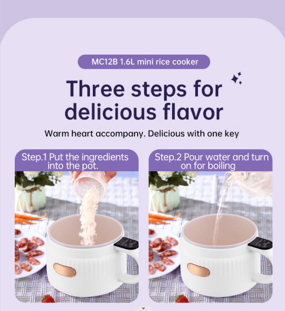 Rice Cooker Small Non-stick Pot Rice Maker 6 Cooking Functions: Rice, Soup, Stew, Porridge and more, 1.6 Litre Portable Rice Cooker and Bento Box, Multi-functional non-stick ceramic coating, White by Reaua - Image 2