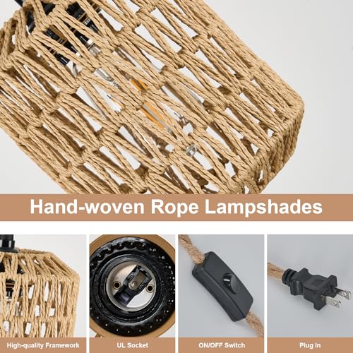 Image of 3 Lights Plug in Pendant Light with Cord On /Off Switch Rattan Hanging Lamp with 22ft Hand Woven Wicker Plug in Chandelier Boho Hanging Lights Fixture for Bedroom Kitchen Hallway Foyer