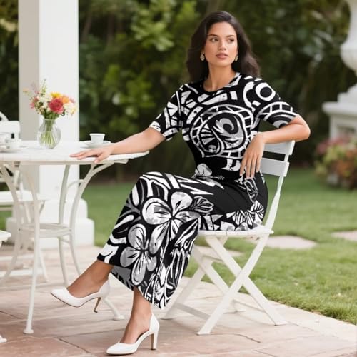 Image of Puletasi Samoan Traditional 2 Piece Outfits for Women Short Sleeve Crop Top and Maxi Skirt Sets Puletasi Dress