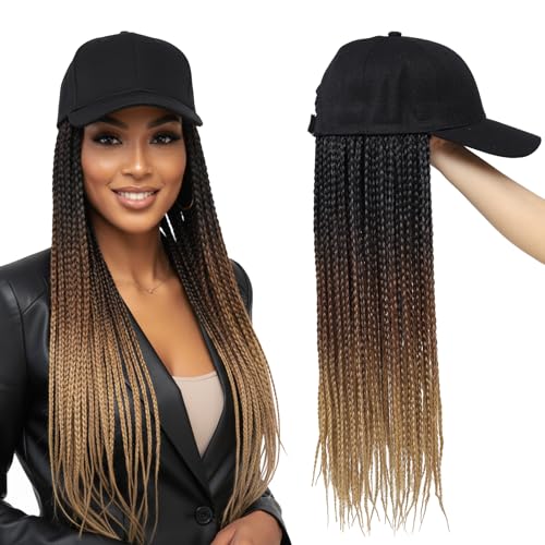 Yunkang Hat Wig for Women Baseball Cap with Braided Hair Attached Synthetic Knotless Box Braid Wig Hat Adjustable Cap with 18in Long Ombre Black Brown Light Brown Braids for Daily Outdoor Use