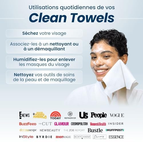 Clean Skin Club Clean Towels XL, USDA Certified 100‪%‬ Biobased Dermatologist Approved Face Towel, Disposable Makeup Remover Dry Wipes, Facial Wash - 9