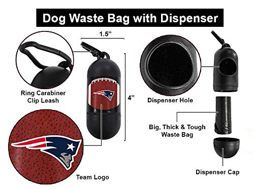 Image of Pets First NFL NEW ENGLAND PATRIOTS PET LICENSED Poop Waste Bag Dispenser and D Ring for Leash with 1200 Premium Garbage Bags