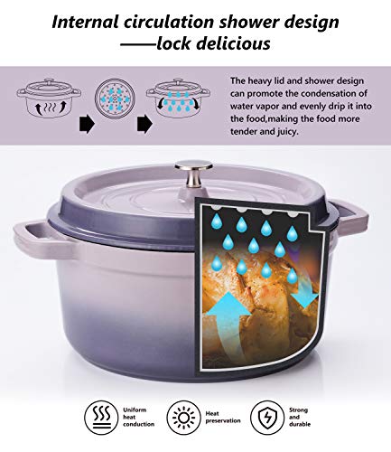 SULIVES 6 Quart White Enameled Cast Iron Dutch Oven with Lid bread baking Pot use on gas electric oven for 6-8 people(Purple)