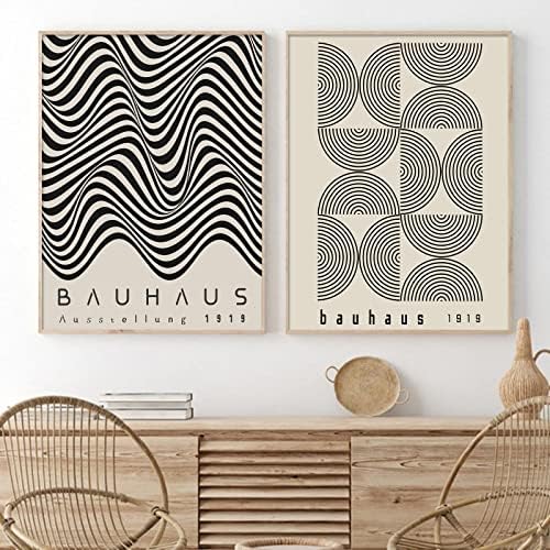 Bauhaus Canvas Wall Art Black and Beige Painting Mid Century Modern Bauhaus Wall Art for Living Room Decor Abstract Black Line Wall Art Abstract Neutral Pictures Bauhaus Poster 16x24inchx2 Frameless