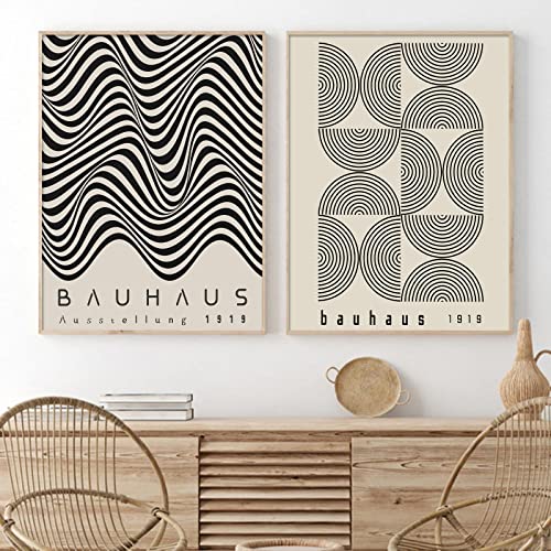 Bauhaus Canvas Wall Art Black And Beige Painting Mid Century Modern Bauhaus Wall Art For Living Room Decor Abstract Black Line Wall Art Abstract Neutral Pictures Bauhaus Poster 16X24Inchx2 Frameless #TOP17
