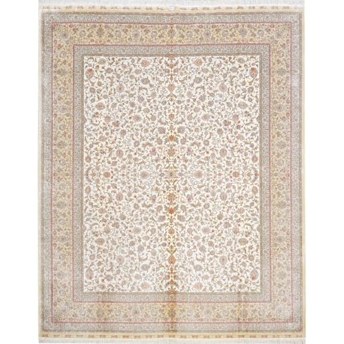 Yuchen Silk Rug 8x10 ft Beige Hand Knotted Vintage Oriental Silk Rug for Beddrom