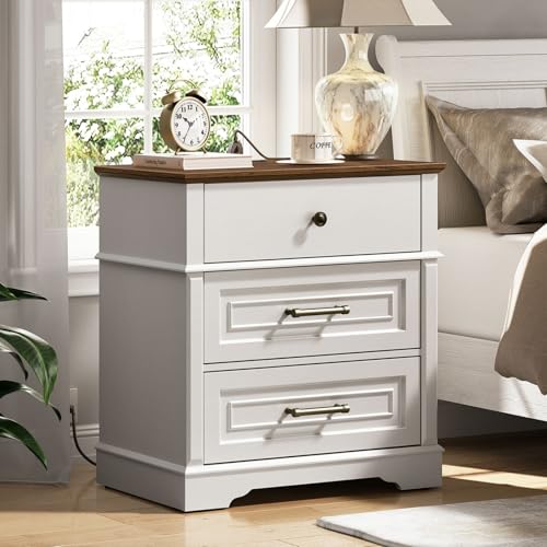 RALGEND Farmhouse 3 Drawers Dresser, Tall Nightstand with Charging Station, 27.6 Inch Wide End Table with 3 Drawers, Large Bedside Table/Side Table for Bedroom, White and Walnut - Thumbnail 3