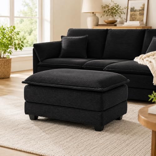 Image of Corduroy Ottoman for Sectional Sofa Couch for Living Room, Apartment, Black