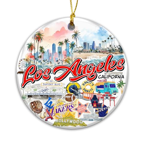 Los Angeles California Christmas Ornament 2025 – City Souvenir with Skyline, Hollywood, Dodgers, Lakers, Randy’s Donuts & Beach Scene – LA Travel Keepsake Ornament, West Coast Collectible Décor