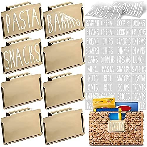 Talented Kitchen 8 Gold Label Holders, Basket Labels Clip On with 40 White Pantry Labels. Removable Bin Clips Labels for Baskets. Pantry Organization and Storage Basket Label Holders for Storage Bins