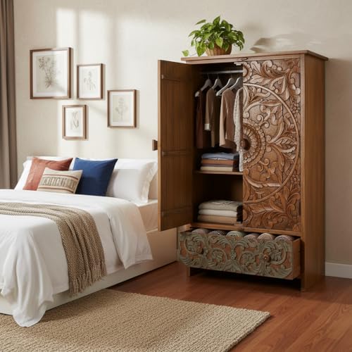 Image of APRODZ Wooden Wardrobe for Bedroom | Scolpito 2 Door Mango Wood Wardrobe with 1 Drawer | Space Saving Wardrobe for Storage, Clothes Cupboard & Wooden Almirah for Bedroom, Light Italian Walnut + Grey