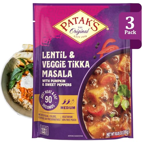 Image of Patak's Lentil & Veggie Tikka Masala - Vegetarian Indian Curry w /Lentils, Beans, Pumpkin, Sweet Potatoes & Vegetables - Ready-to-Eat Microwaveable Meal - Serve with Rice or Naan - 10.5oz (Pack of 3)