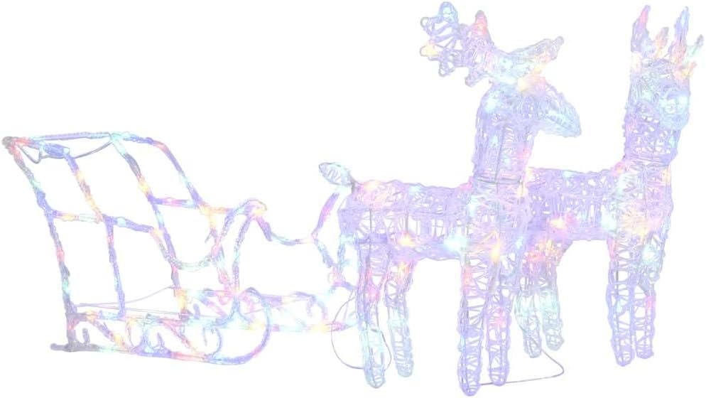 vidaXL Lighted Christmas Reindeer & Sleigh Set, Xmas Outdoor Yard Decoration with 160 LED Lights, Fabric & Steel Christmas Ornaments with 8 Light Modes, Multicolor