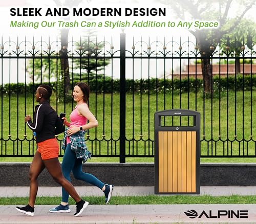 Image of Alpine 40 Gallon Commercial Outdoor Trash Can with Lid - Modern Heavy Duty Large Outdoor Garbage Can with Durable Plastic Bin, Slatted Recycled Plastic Panels for Parks, Trails & Resorts (CD)