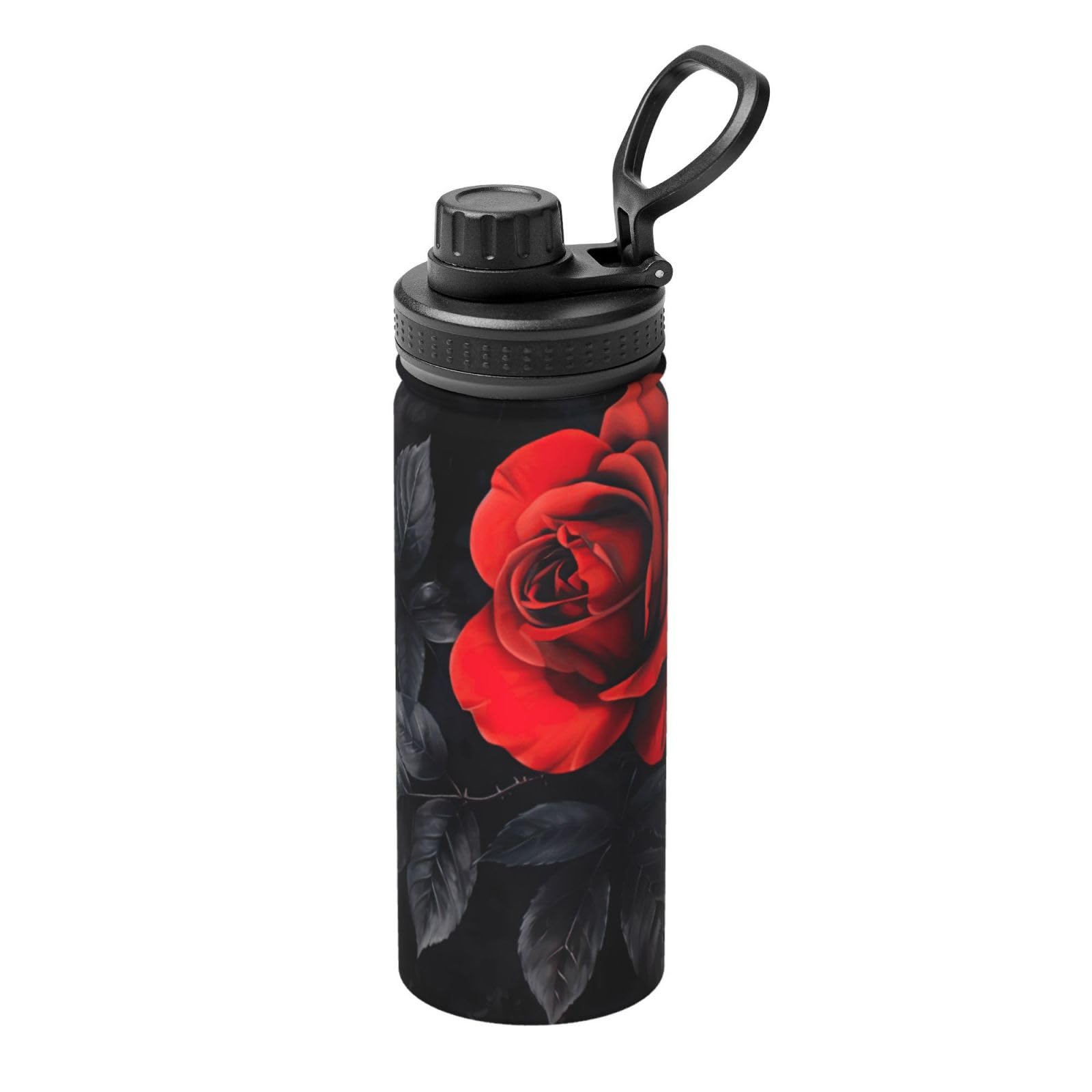 Kfjghhl Insulated Stainless Red Rose And Black Leaves Steel Water Bottle For Sport Gym Travel Leak Camping Hiking Hydration