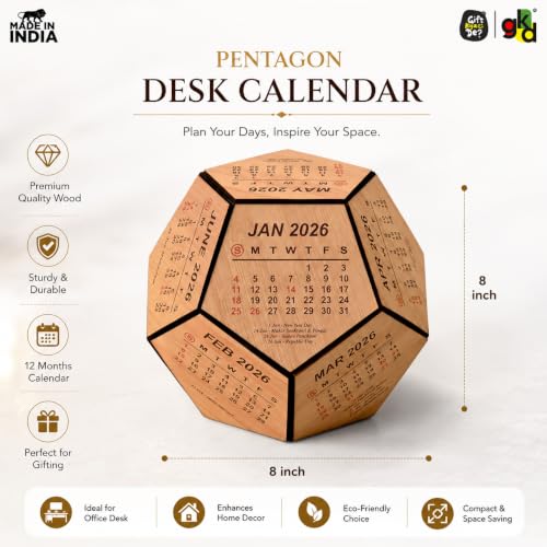 Image of Gift Kya De 2026 Wooden Pentagon Desk Calendar | Premium 3D Big Size Table Calendar | Bamboo Wood Eco-Friendly Office Desk Decor | Unique Corporate Gift | Made in India (8x8 inch big size)