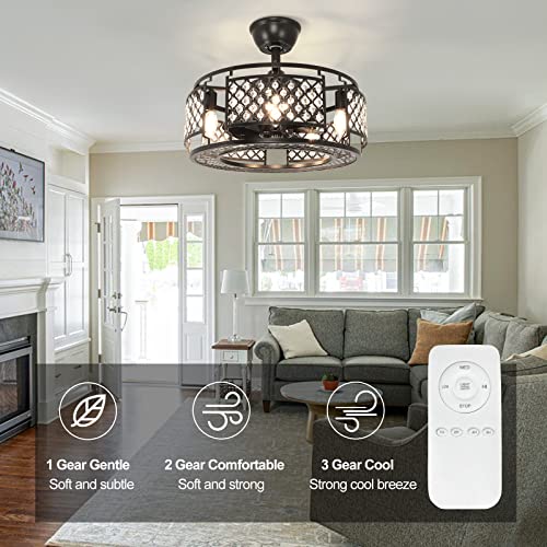 Depuley Industrial Ceiling Fan With Remote And Lights, 18" Indoor Outdoor Crystal Ceiling Fans With Light Fixture, Matte Black Flush Mount Ceiling Fan For Kitchen, 3 Wind Speeds, 5*E12 Base(No Bulbs) #TOP7