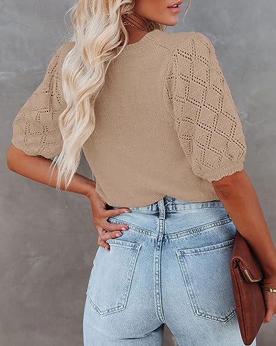 Image of Womens Short Sleeve Sweaters Crewneck Knit Pullover Tops 2025 Summer Casual Lightweight Crochet Blouse Shirt