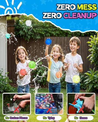 Reusable Water Balloons 14 Pack Unique Double Water Inlet Silicone Water Bomb Pool Toys Non-Magnetic Quick Fill Self Sealing Water Splash Balls Games for Kids 3-12 Summer Outdoor Beach Activities Gift