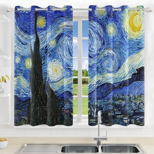 Uiiooazy Oil Painting Blackout Curtain for Bedroom Living Room Drapes The Starry Night by Van Gogh Star Blue Sky Mountain House Window Curtains 21x45 inches 2 Panels Set