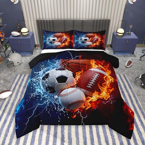 Image of Feelyou Boys Sports Comforter Set Full Size Football Baseball Soccer Bedding Set Basketball Duvet Quilt for Kids Boys Bedroom Ball Game Sports Decor Microfiber Ultra Soft Breathable