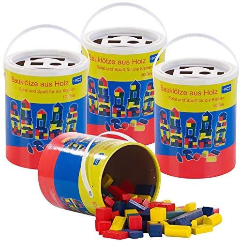 Playtastic Spielbaustein: 4er-Set Holzbausteine, Aufbewahrungseimer, 100 St., 4 Farben, 6 Formen (Spielzeugstein, Baustein-Set)