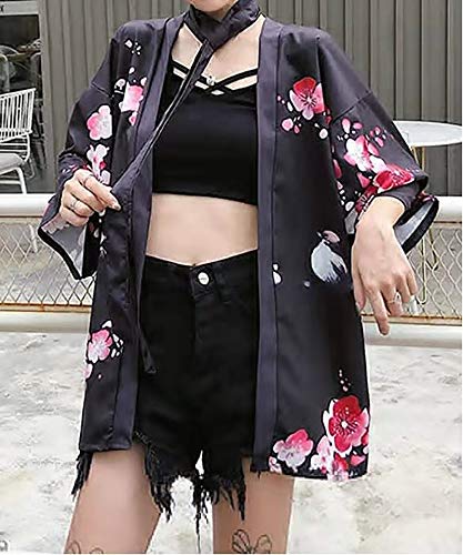 Image of LAI MENG FIVE CATS Women's Floral Print Loose Blouse Japanese Kimono Tops | Puff Sleeve,Cover up Top,Casual Cute Tops,Summer Cardigans 2026