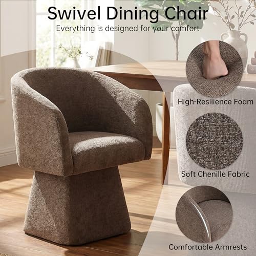 Image of VKNOW Upholstered Swivel Dining Chairs Set of 2 with Barrel Back and Arm | Modern Accent Arm Chair with Thickened Cushion, Soft Chenille Fabric, for Dining Room, Living Room, Vanity, Dark Brown
