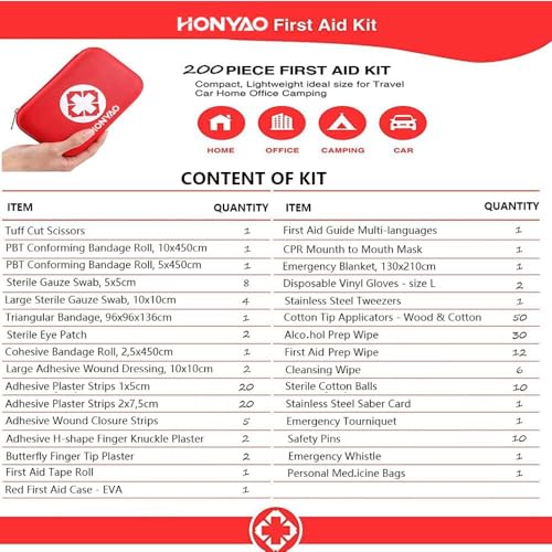 HONYAO Erste Hilfe Set, 200-Teiliges Medizinisch Überlebens Kompakt Kit Kasten mit Leicht Harte Box für Auto Motorrad Zuhause Arbeitsplatz Draussen Camping Wandern Notfall