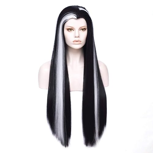 FVCENT Long Straight Black and White Wig Vampire Widow Peak Wig Centre parting Long Hair White Highlight White Halloween Costume Party Cosplay Wig