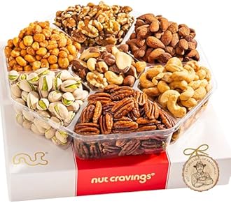 NUT CRAVINGS - Valentines Day Mixed Nuts Gift Basket in Red Gold Box (7 Assortments, 2 LB) Treats for Adults, Food Arrangement, Healthy Snack Care Package, Kosher