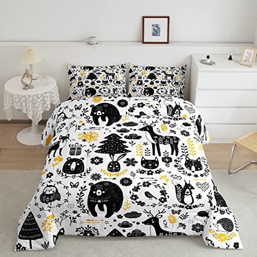 Bear Moose Comforter Set Kids Cute Animal Wolf Fox Bedding Set Full Size Autumn Harvest Theme Duvet Insert Boys Girls Kawaii Cat Squirrel Owl Hedgehog Rabbits Print Quilts Soft Warm Bedroom Decor #TOP18