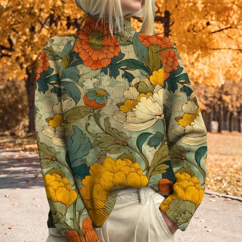 Ethnic Print Sweater for Women Turtleneck Long Sleeve Vintage Graphic Pullover Cozy Warm Casual Ribbed Knit Jumper Tops4