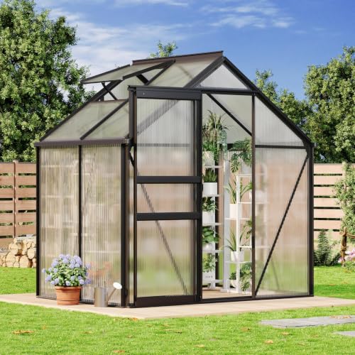 6X8x6 FT Greenhouse for Outdoors,Polycarbonate Walk-in Greenhouse Large Heavy Duty Outdoor Aluminum Green Houses with Sliding Doors Vent Window for Outside Backyard