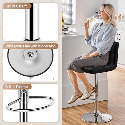 Image of Yaheetech Single Bar Stool, Adjustable PU Leather Swivel Barstools, Modern Counter Stools with Back and Footrest, Counter Height Barstools for Bar, Kitchen, Dining Room, Black