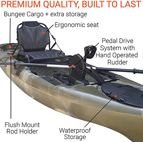 BKC PK11 Angler 10.5-Foot Sit On Top Solo Fishing Kayak w/Instant Reverse Pedal Drive, Hand Control Rudder, Paddle, and Upright Seat (Green Camo) - Thumbnail 4