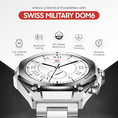 Image of Swiss Military DOM6 Smartwatch 1.43 inch AMOLED, Bluetooth Calling, Multi Language, Health & Sports Tracking, Wireless Charging, 7 Days Battery, IP67, iOS /Android Compatible,Silver Frame with Steel Strap