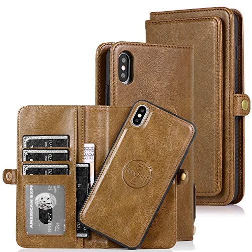 Harsel iPhone XR Purse,Magnetic Detachable Wallet Cases for Women/Men Flip Folio Case iPhone XR Removable Leather Cover with Strap 7 Card Holder Money Pouch Shockproof Phone Silicone Case Brown