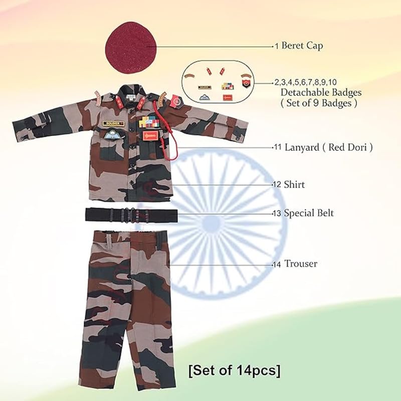 Image of Army Dress for Kids | Indian Military Soldier Fancy Dress Costume | Polyester Fabric | Army Uniform for Boys & Girls | School Fancy Dress, Role Play, Independence Day & Republic Day