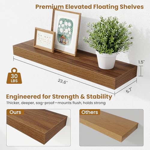 Fun Memories Floating Shelves Set of 2, 24 Inch Floating Shelves for Wall, Wood Wall Shelves with Invisible Brackets, for Bathroom, Bedroom, Living Room, Kitchen, Walnut - Thumbnail 3