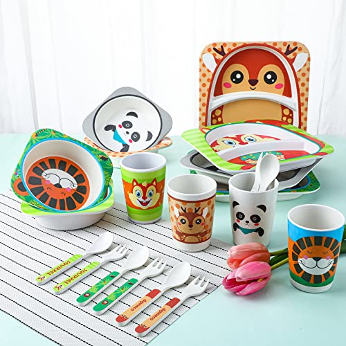 20 Pc Kids Toddler Plates And Bowls Set Mealtime Feeding Set For Kids And Toddlers Zoo Animal Dinnerware Of 4 Different Cute Animal Includes Cartoon Plate Bowl Cup Fork Spoon Utensil Flatware Reusable #TOP6