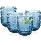 Ulable Blue Drinking Glasses Set of 4, 12oz Vintage Glassware with Sunflower Design, Colored Glas...